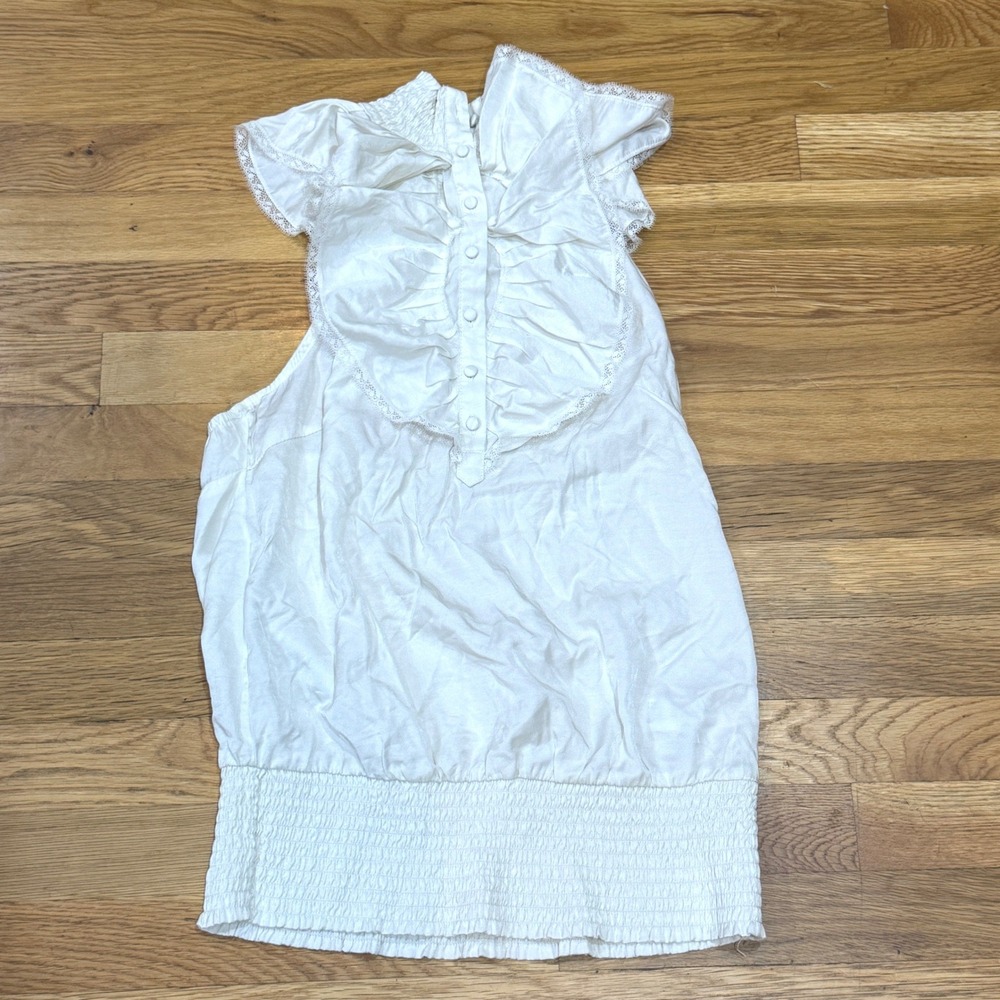 Twenty One White Ruffle Lace Trim Smocked Waist Open Back Blouse Small